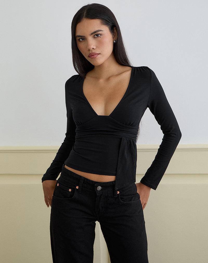 Levard Top de manga larga con drapeado en Jersey Negro