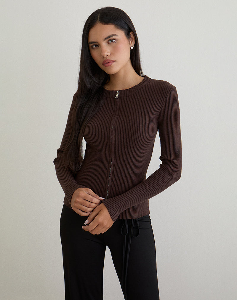 Imagen de Liano Zip Cardigan in Rib Knit Marrón