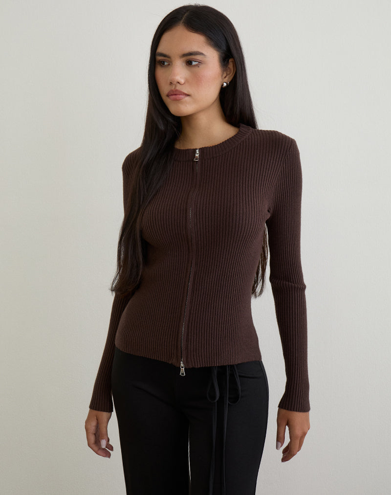 Imagen de Liano Zip Cardigan in Rib Knit Marrón