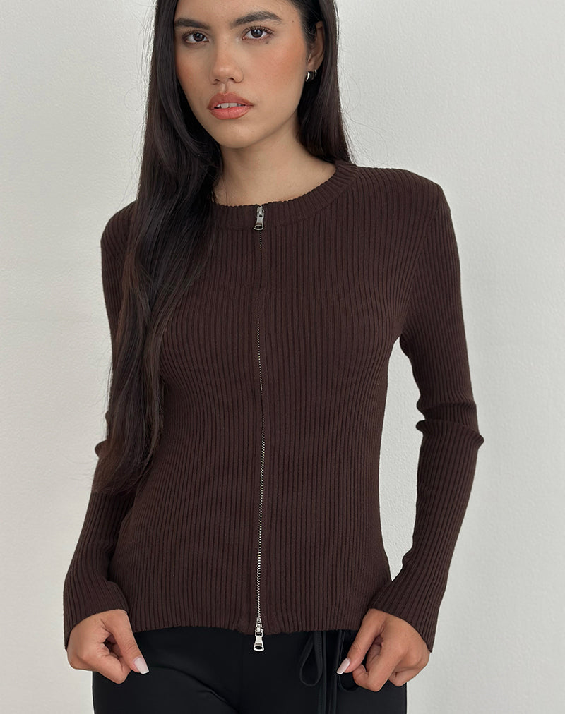 Imagen de Liano Zip Cardigan in Rib Knit Marrón