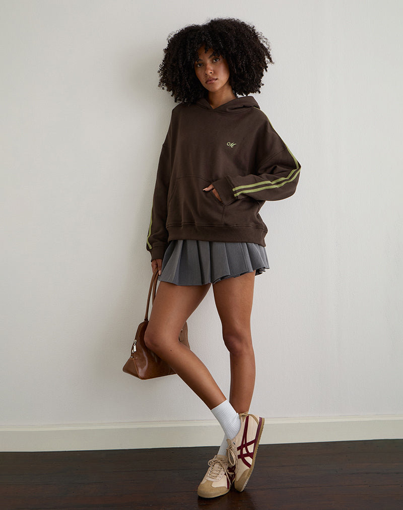 Image of Sudadera con capucha Lingwu en chocolate amargo con ribete verde y bordado M