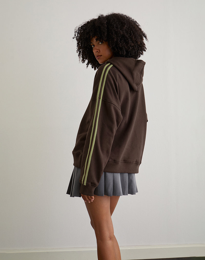 Image of Sudadera con capucha Lingwu en chocolate amargo con ribete verde y bordado M