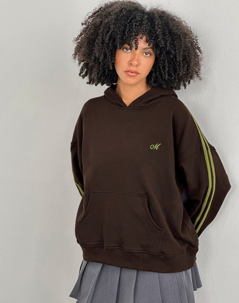 Image of Sudadera con capucha Lingwu en chocolate amargo con ribete verde y bordado M
