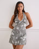 Imagen de Liri Mini Vestido Cuello Haltern en Gris Floral Difuminado