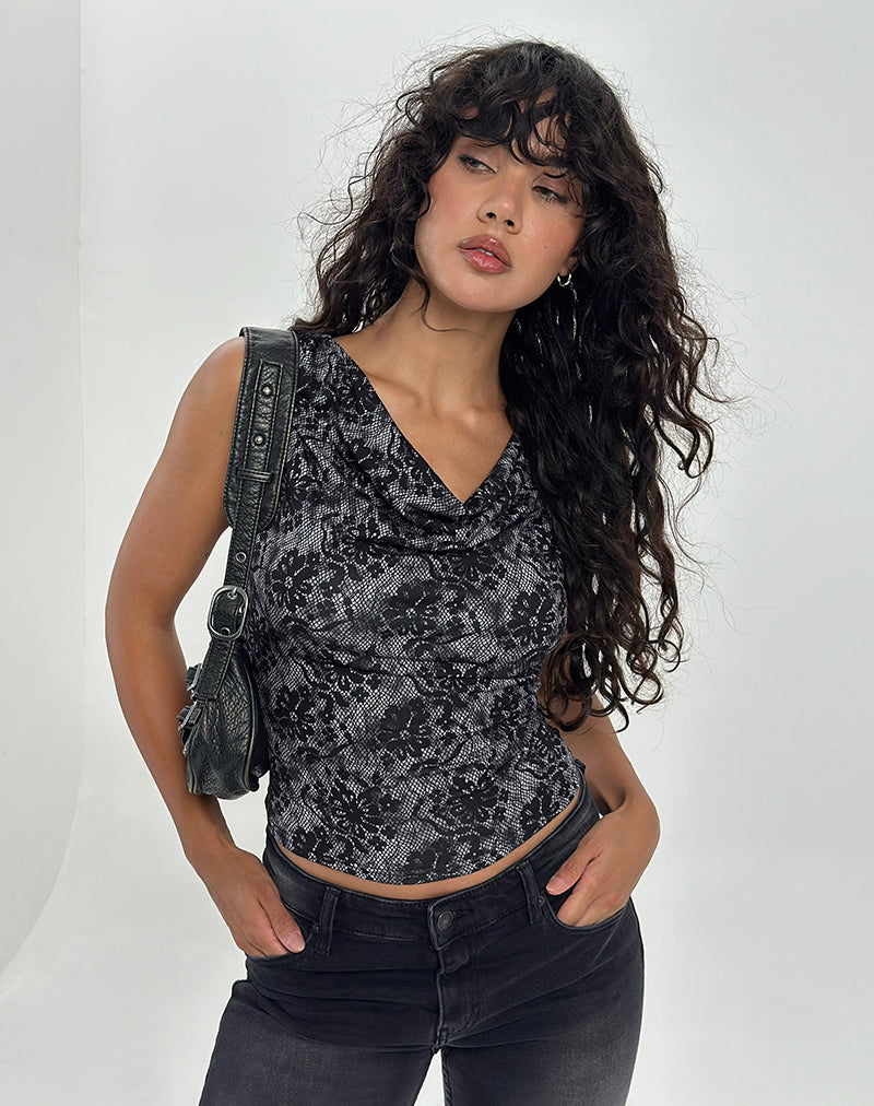 Top Lizette Cuello Vaca en Floral Medianoche Gris