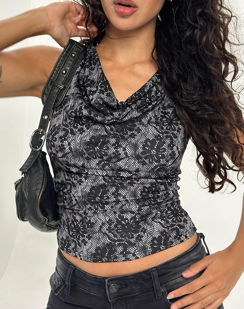 Top Lizette Cuello Vaca en Floral Medianoche Gris