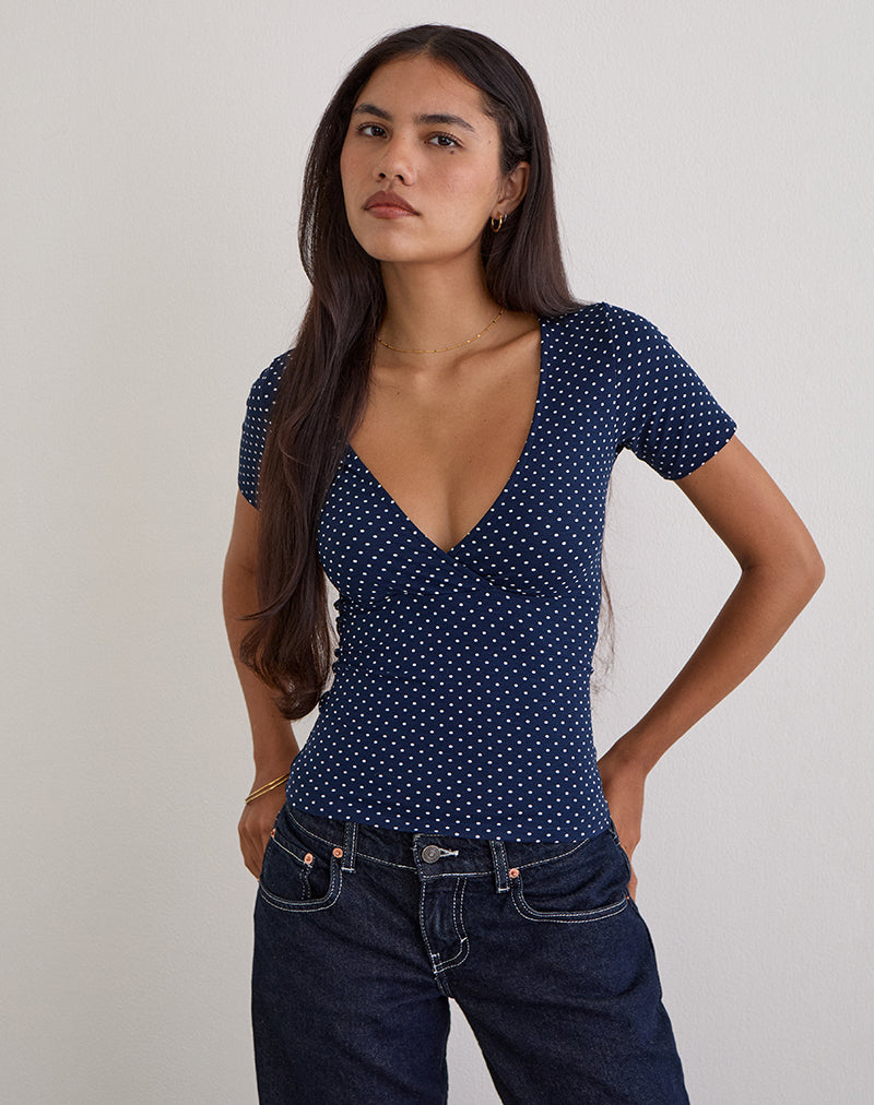 Image of Lobos Crossover Top in Jersey Micro Polka Navy