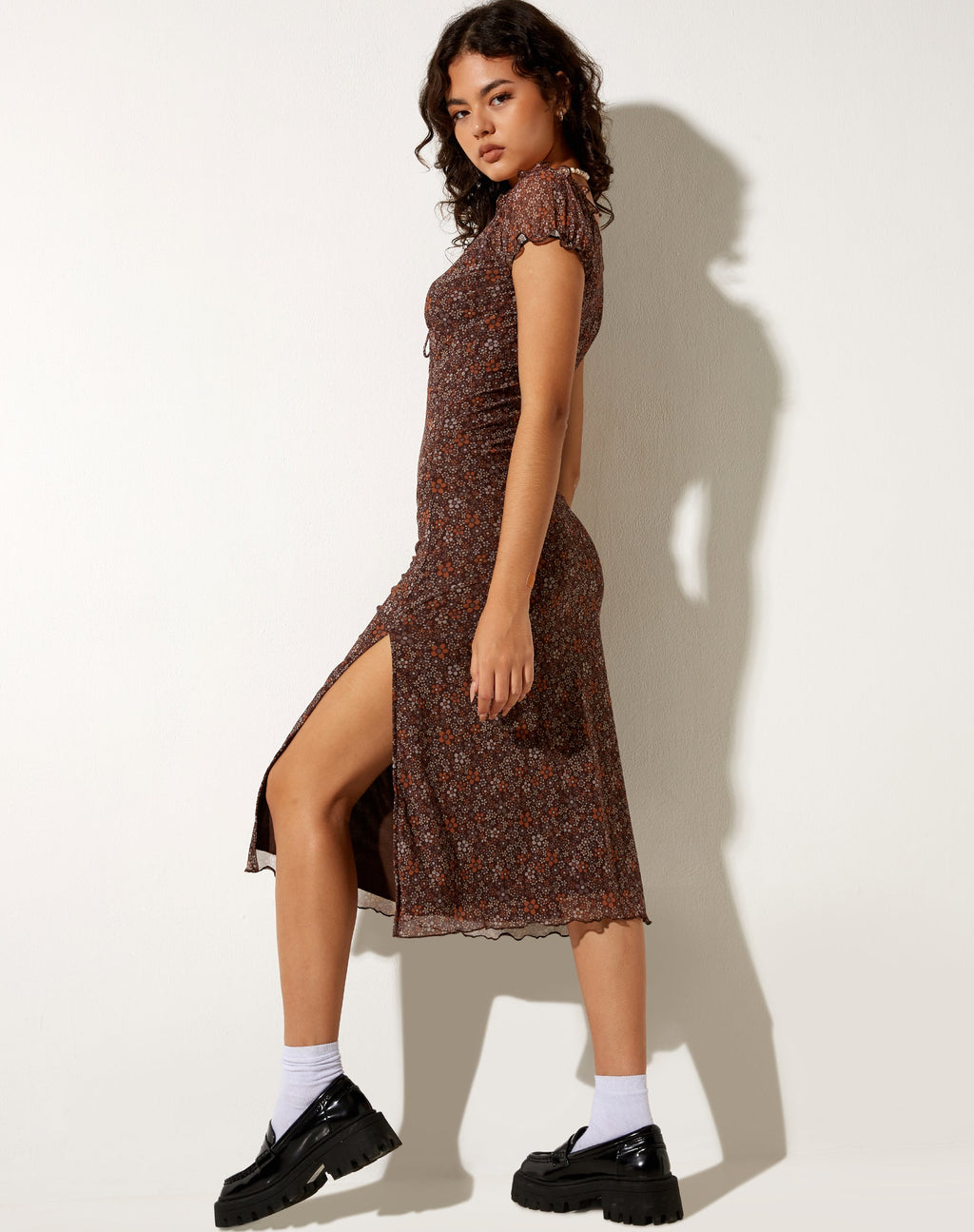 Vestido Lona Midi en Flower Garden Marrón