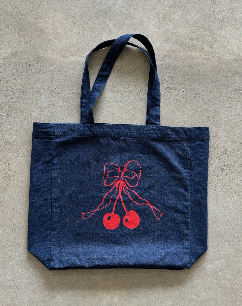 Image of Bolso de mano London en denim índigo con estampado de lazo cereza