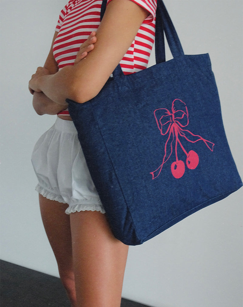 Bolso de mano London en denim índigo con estampado de lazo cereza