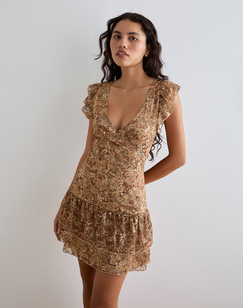 Imagen del minivestido Lotri Wrap en racimo floral marrón