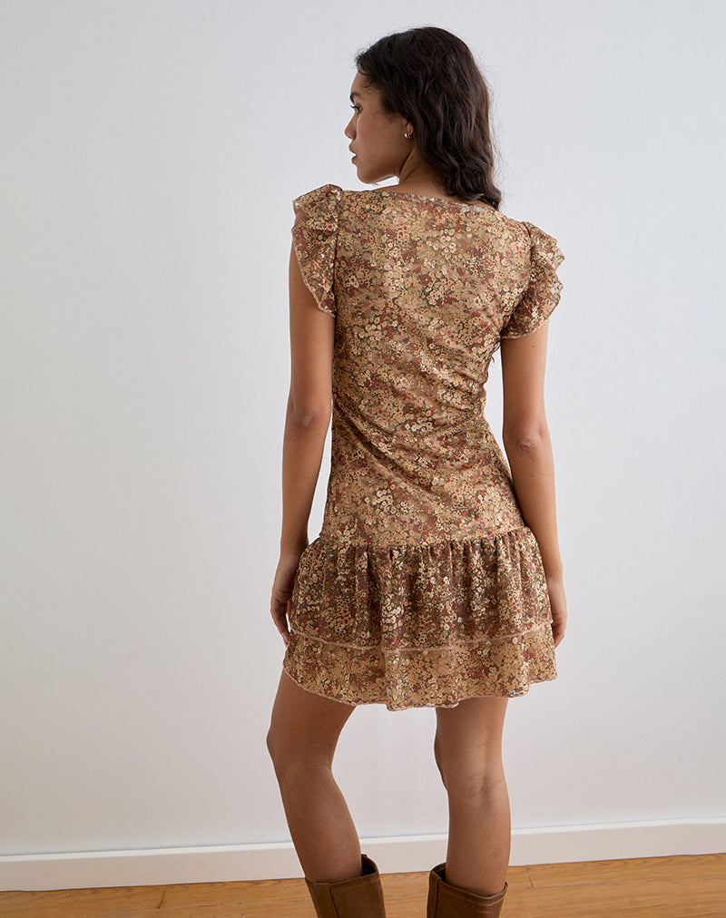Imagen del minivestido Lotri Wrap en racimo floral marrón