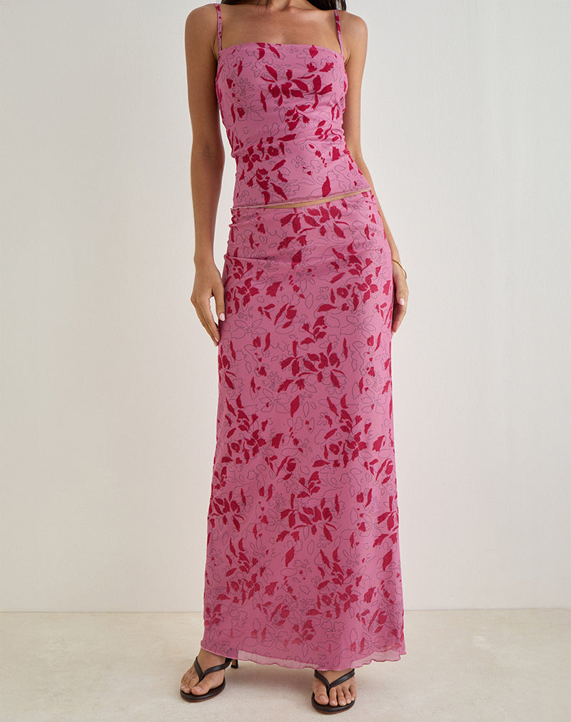 Alfreda Maxi Falda en Stencil Flor Rosa