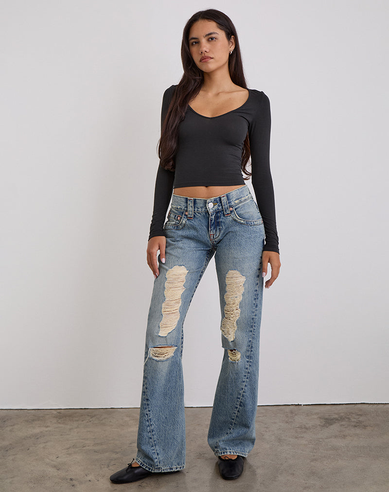 Low Rise Twisted Seam Ripped Jean (azul)