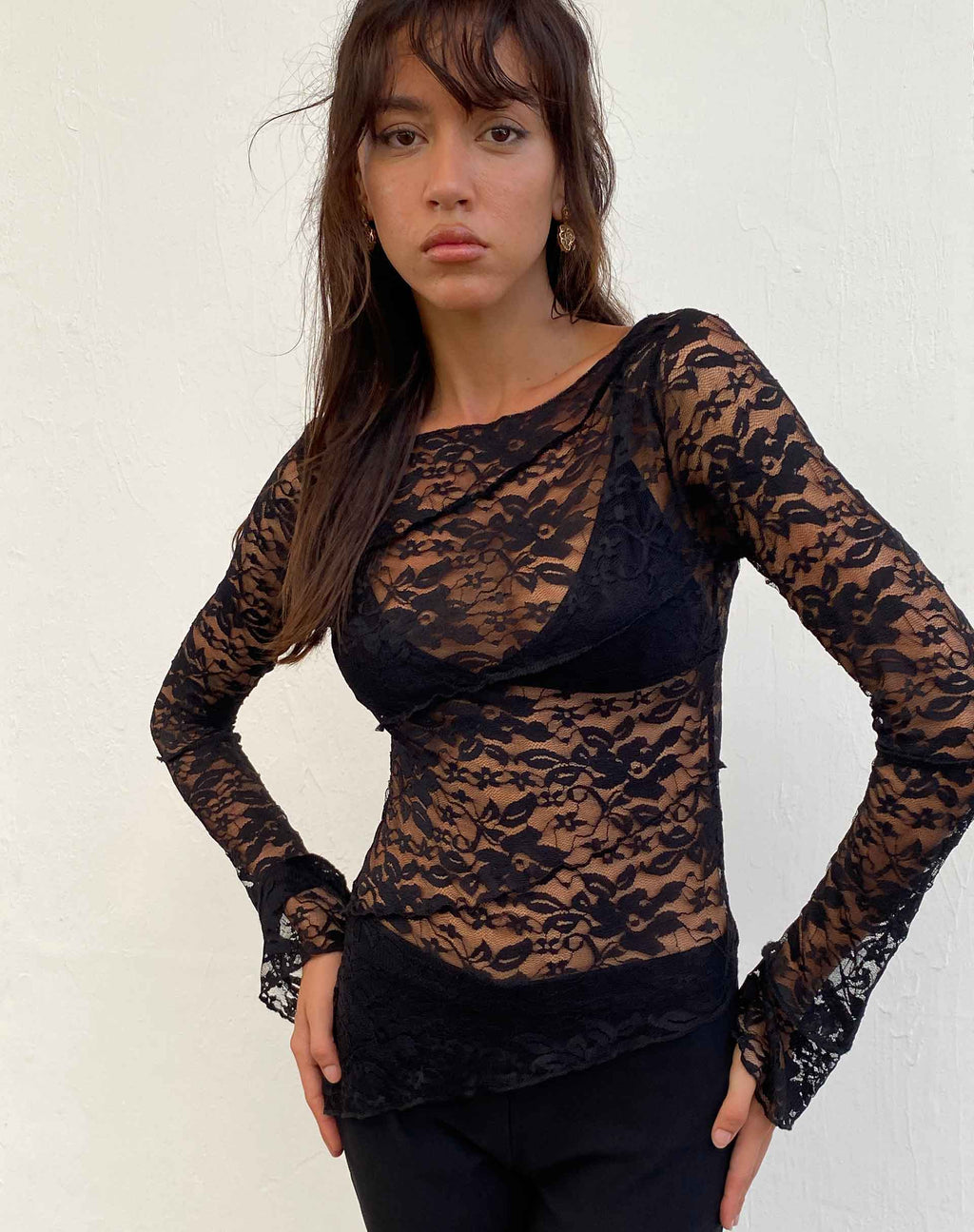 Top de manga larga Lubica de encaje negro