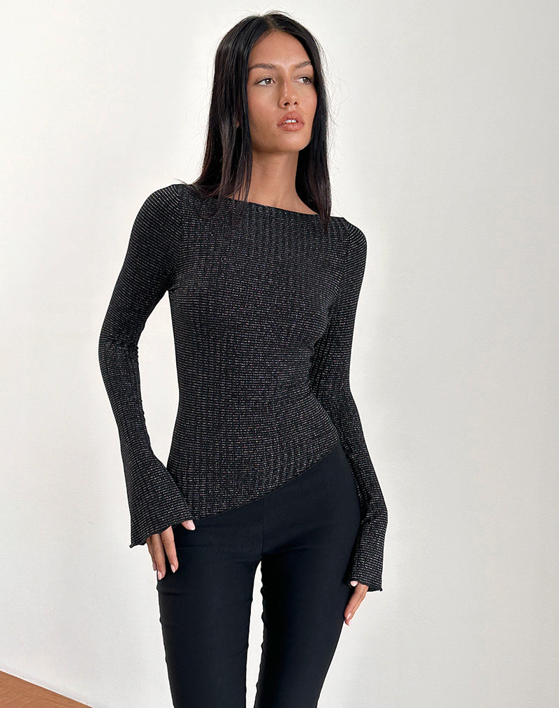 Lukia Top de Manga Larga en Jersey de Rayas Metalizado Negro
