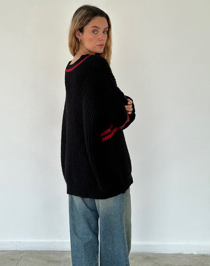 Imagen de Lulees Oversized Jumper in Black with Red Star and Stripes