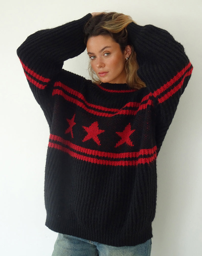 Imagen de Lulees Oversized Jumper in Black with Red Star and Stripes
