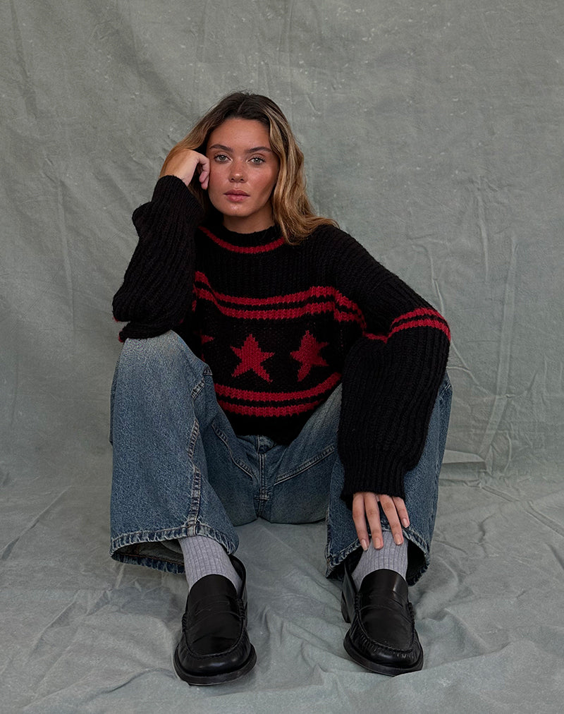 Imagen de Lulees Oversized Jumper in Black with Red Star and Stripes