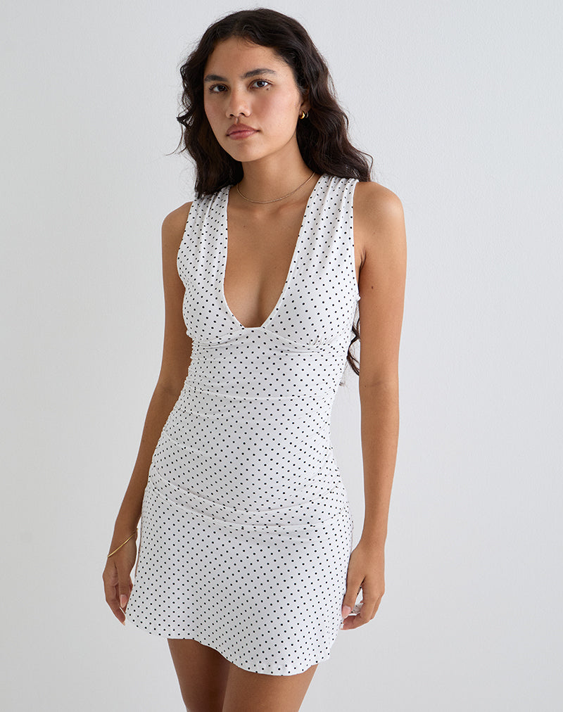 Mini Vestido Luscian Plunge en Blanco con Micro Polka Negro
