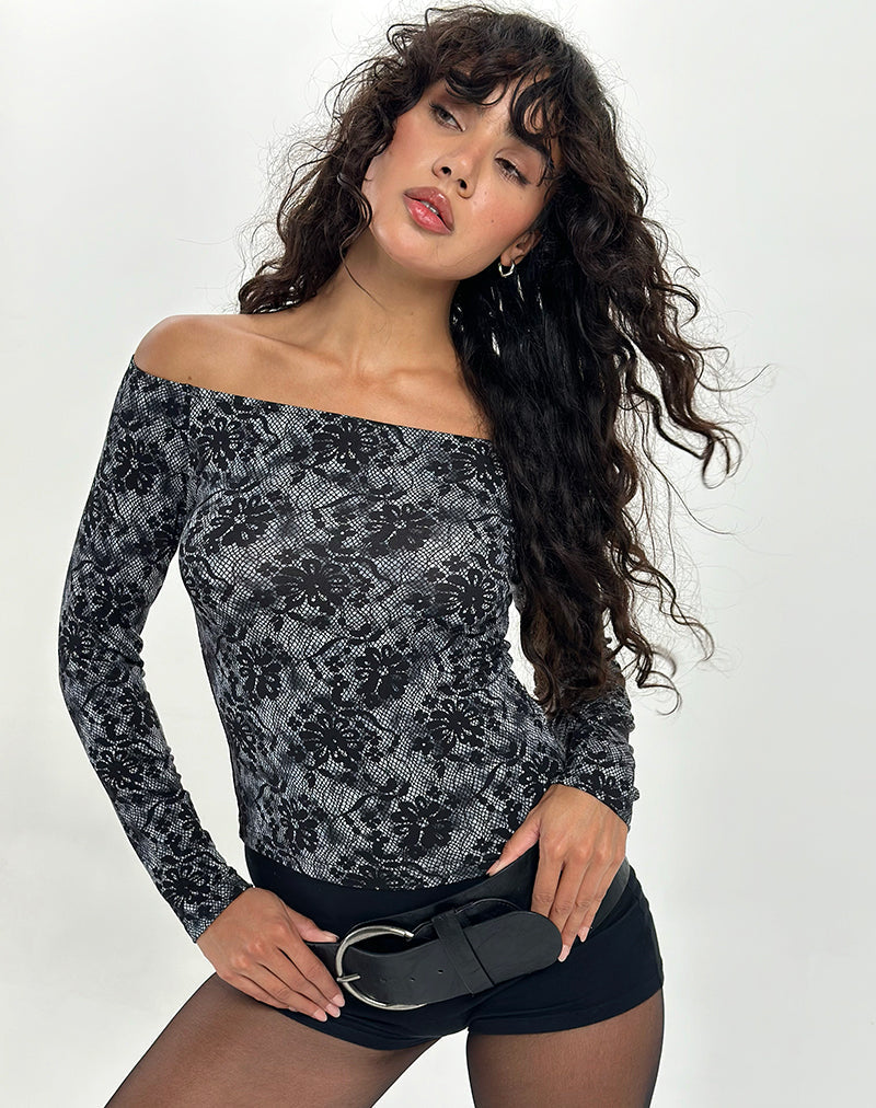 Top Lutana Bardot Manga Larga en Gris Floral Medianoche