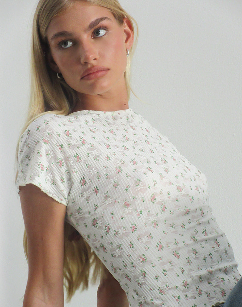 Top de manga corta Luyu en encaje floral marfil