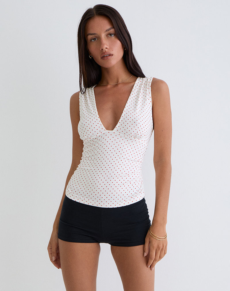 Lycia Plunge Top blanco con microestampado de lunares rojos