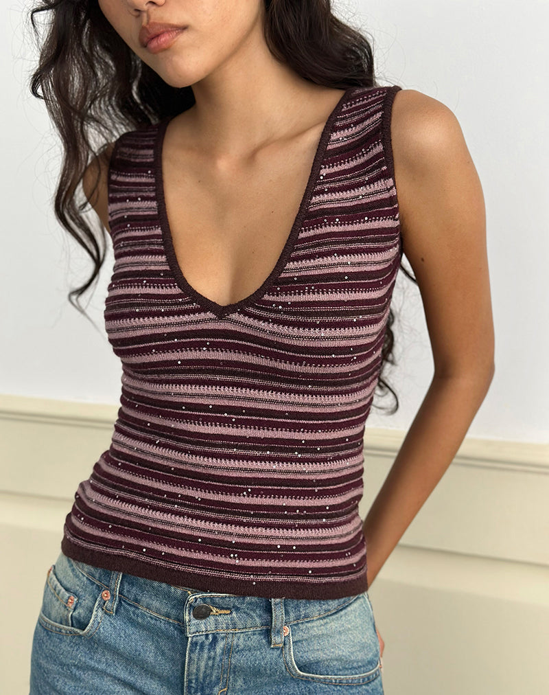 Lycia Plunge Top de punto con purpurina y rayas moradas