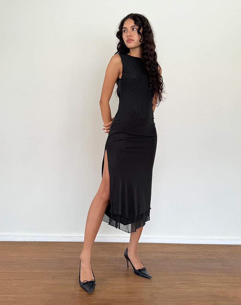 Lyra Vestido Midi sin Espalda de Malla Negro