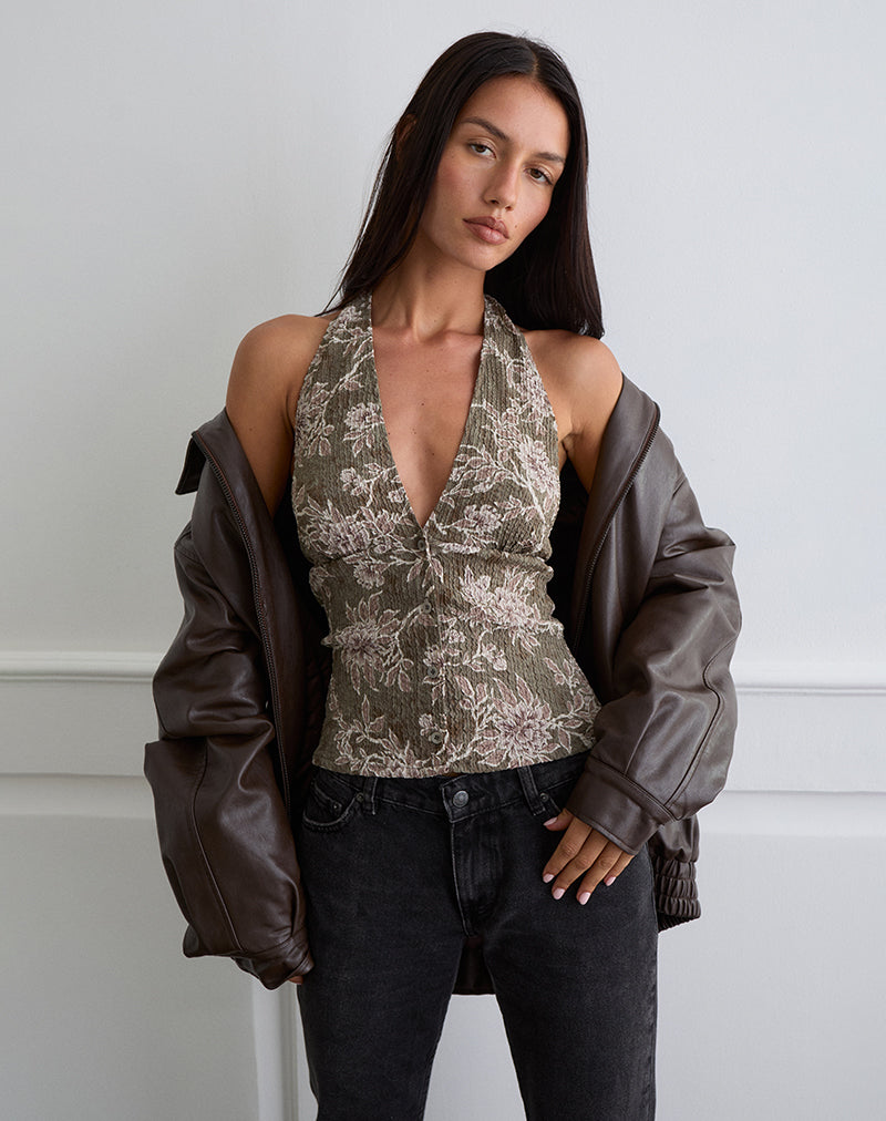 Top Mabli Cuello Haltern en Tejido Textura Floral Verde