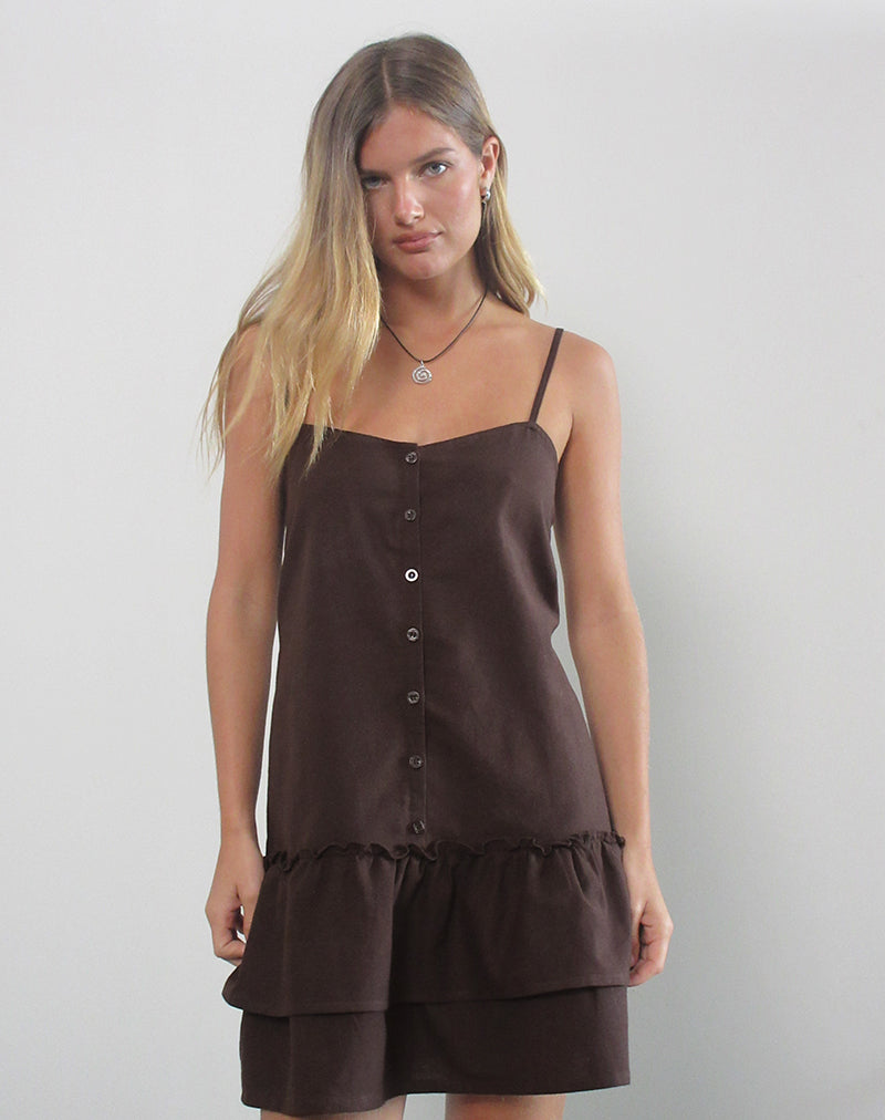 Imagen de Mailina Mini Vestido Abotonado de Lino Marrón Chocolate