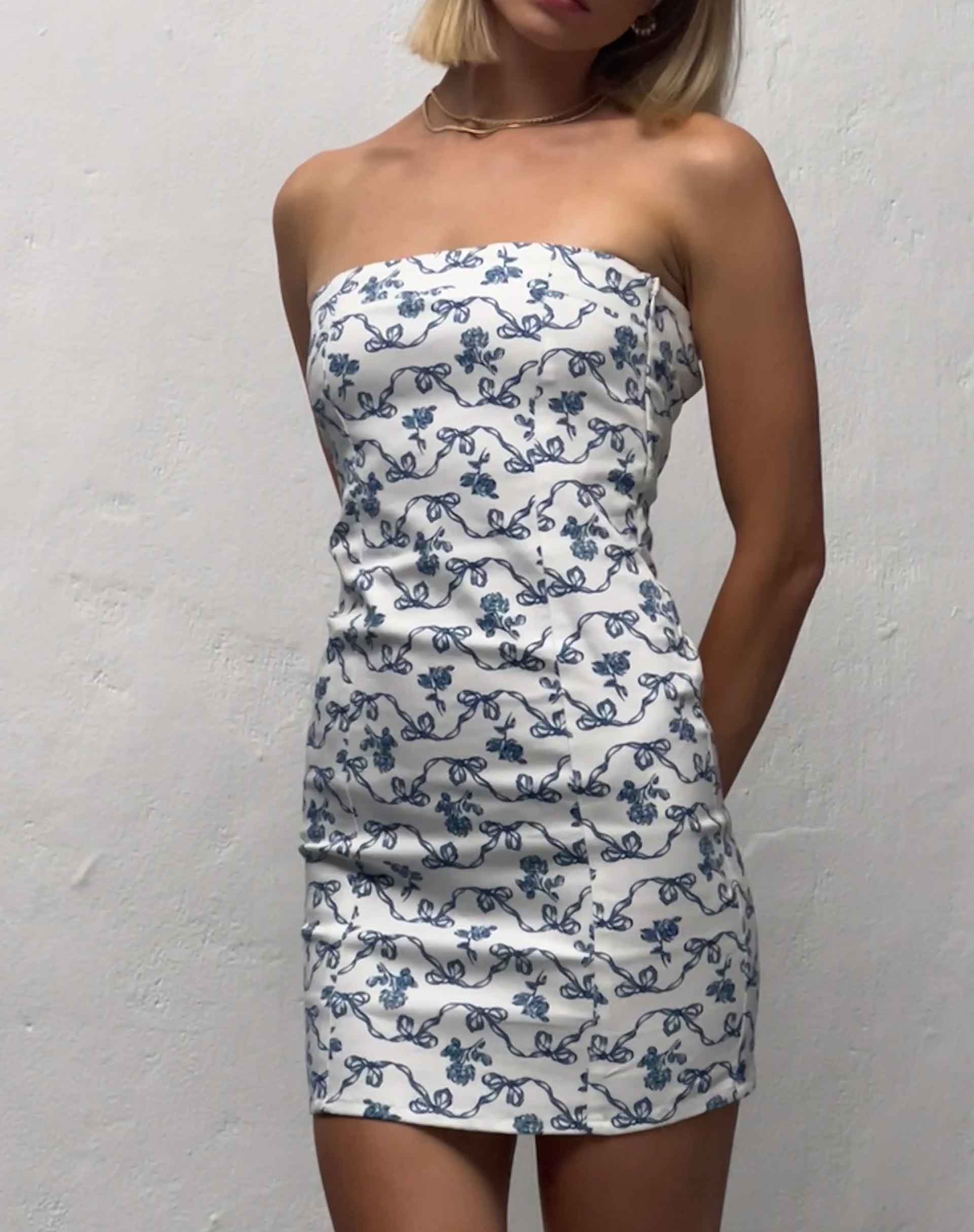 Imagen de Majken Mini Tie Back Dress in a Blue and White Ribbon Print