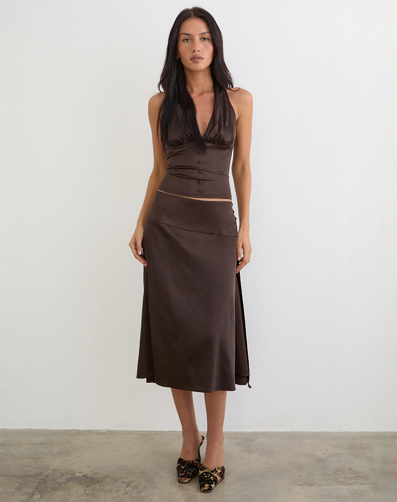 Imagen de la falda midi Manyala en satén marrón oscuro