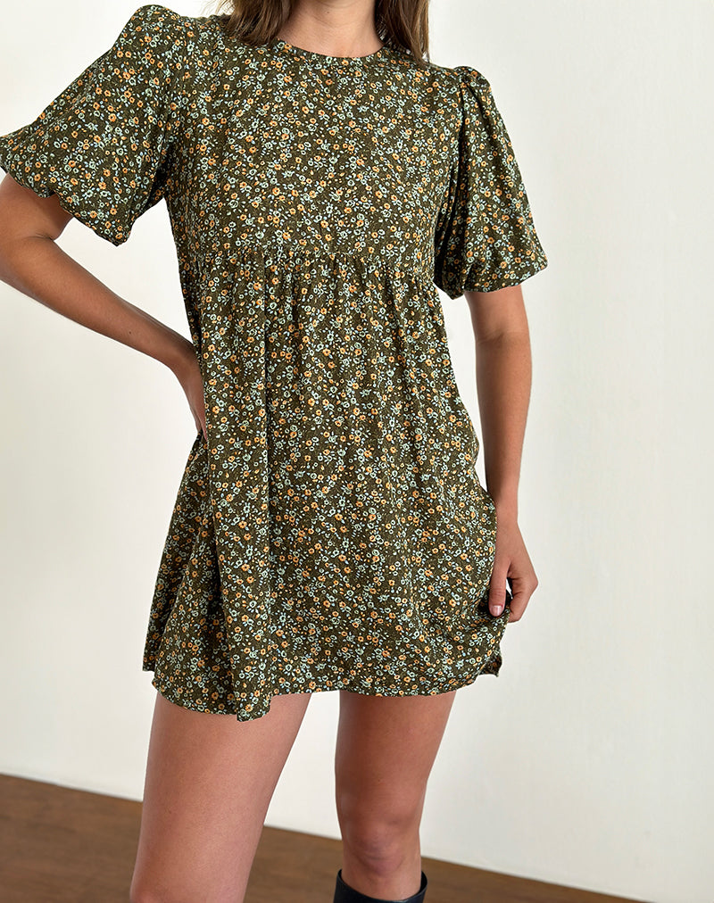 Imagen de Marate Minivestido de manga abullonada en color caqui floral grunge