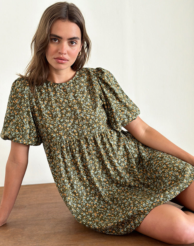 Imagen de Marate Minivestido de manga abullonada en color caqui floral grunge