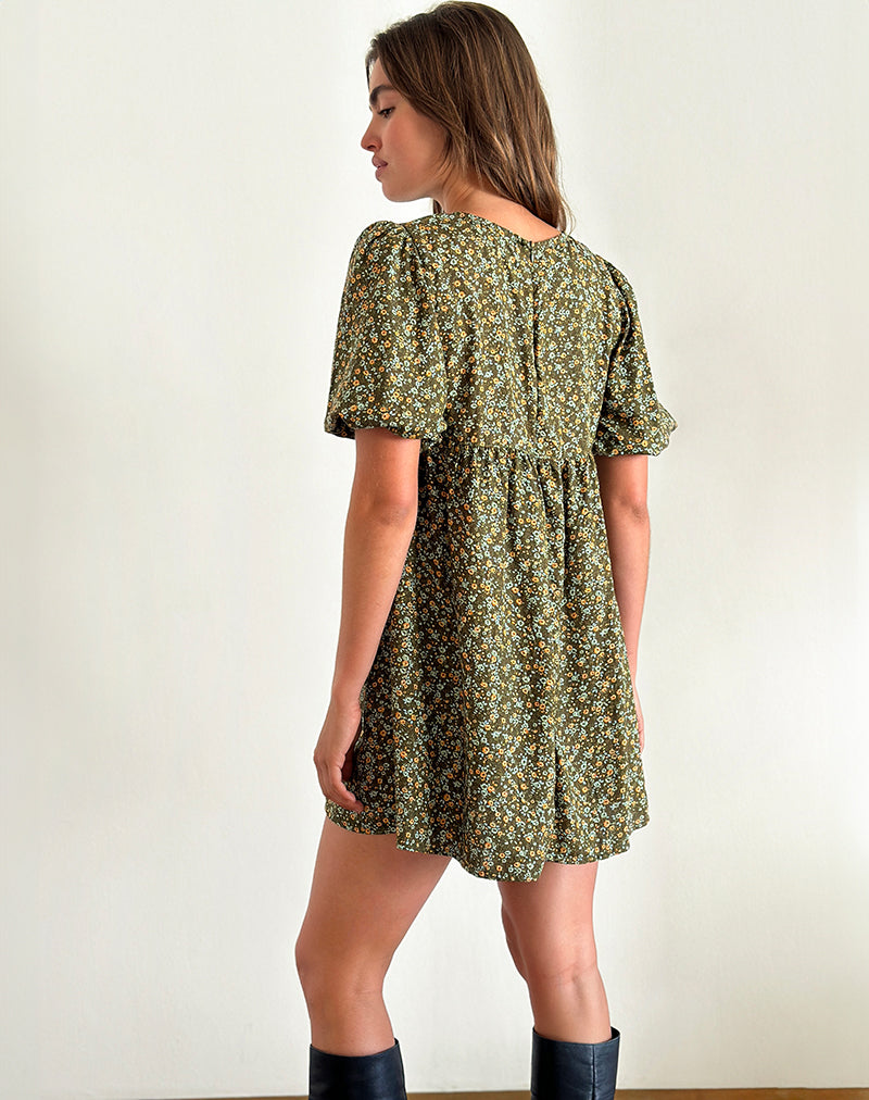 Imagen de Marate Minivestido de manga abullonada en color caqui floral grunge