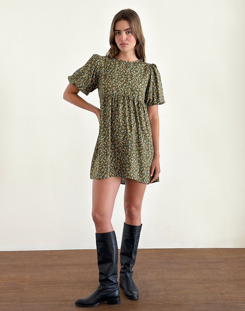 Imagen de Marate Minivestido de manga abullonada en color caqui floral grunge