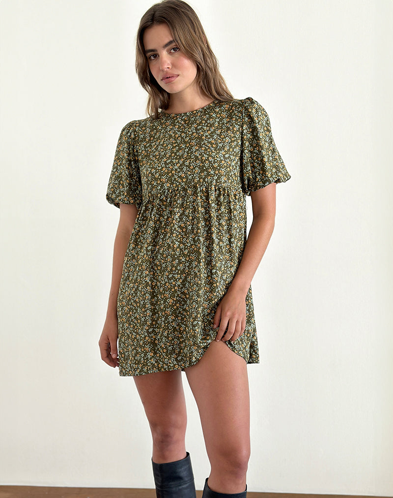 Imagen de Marate Minivestido de manga abullonada en color caqui floral grunge