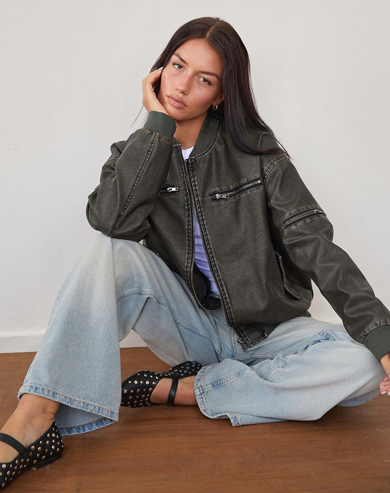 Cazadora Marco Distressed en PU Carbón