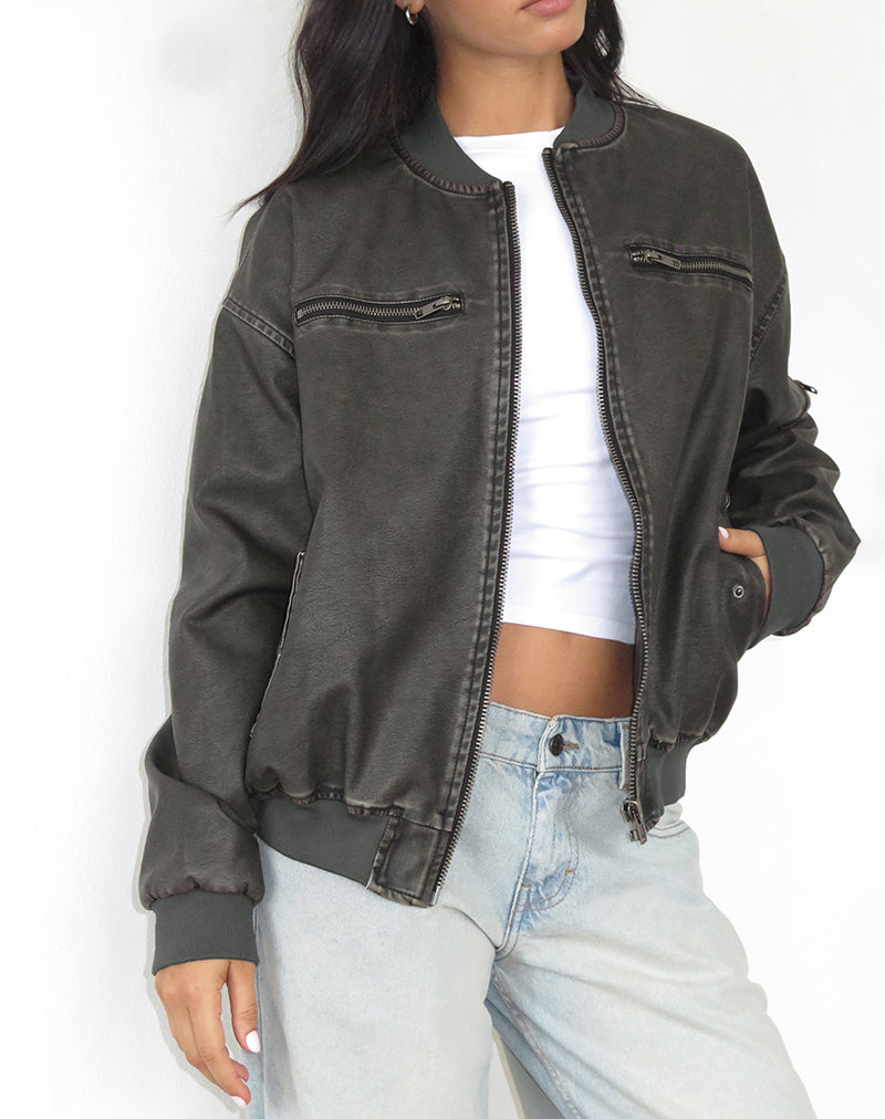 Imagen de la cazadora Marco Distressed Bomber Jacket en PU Charcoal