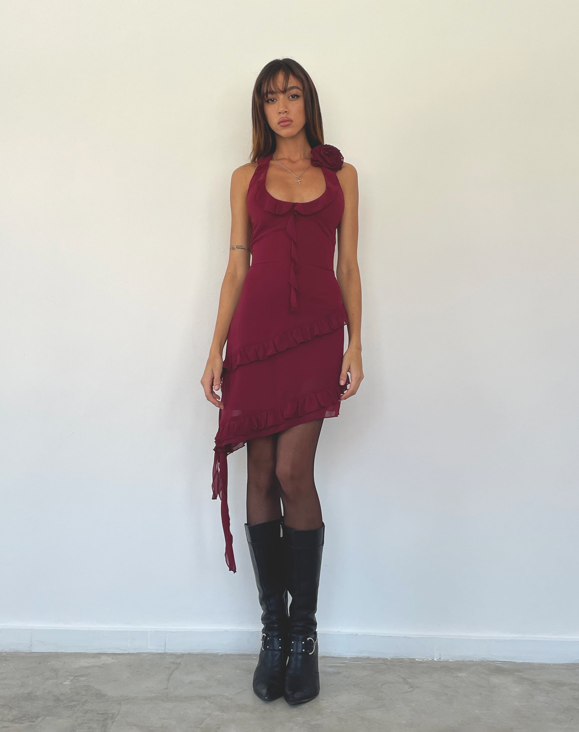 Imagen de Margaret Ruffle Mini Dress in Plum Chiffon with Rosette