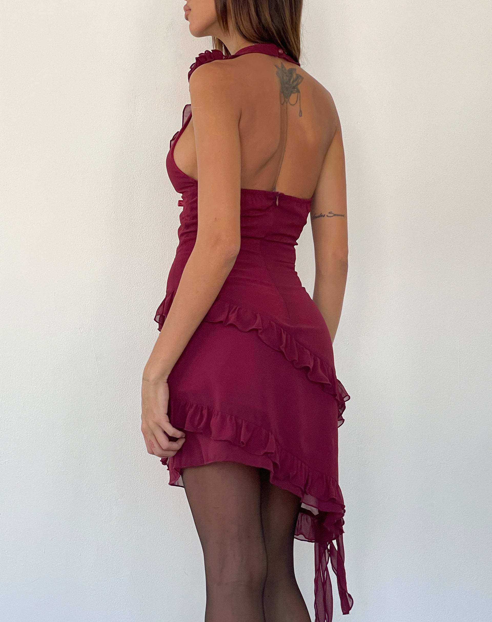 Imagen de Margaret Ruffle Mini Dress in Plum Chiffon with Rosette