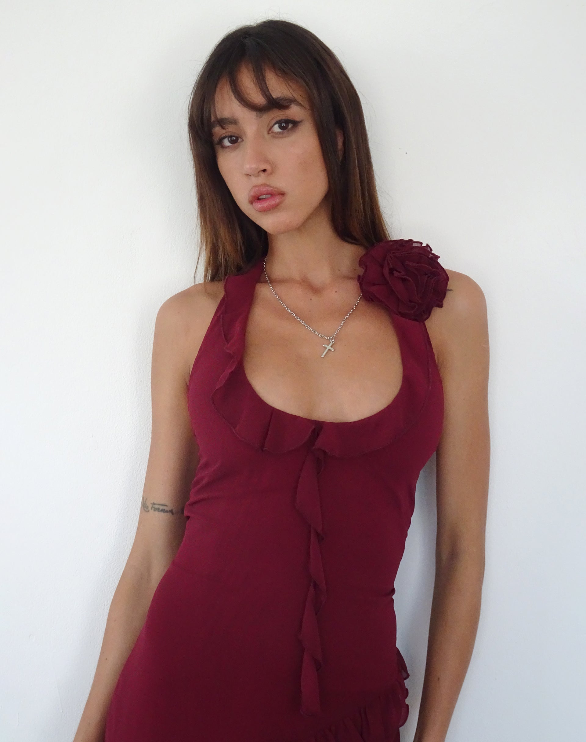 Imagen de Margaret Ruffle Mini Dress in Plum Chiffon with Rosette