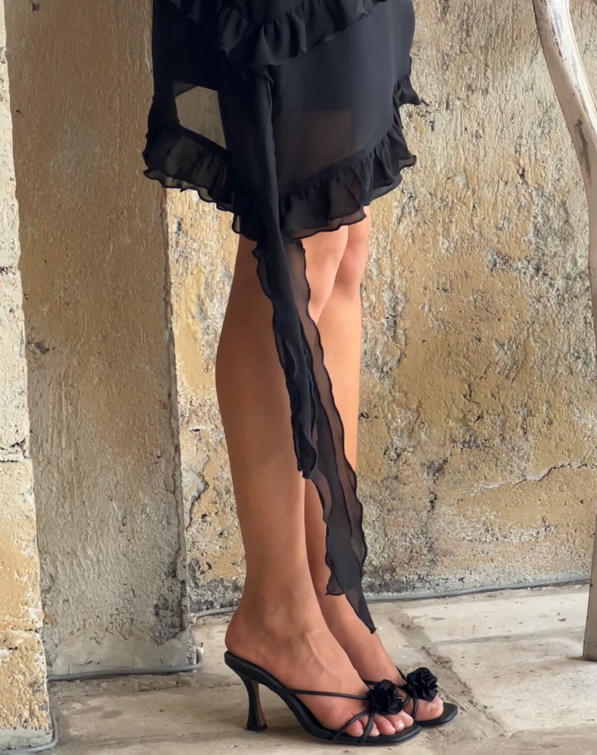 Imagen de Margaret Ruffle Mini Dress in Black Chiffon with Rosette