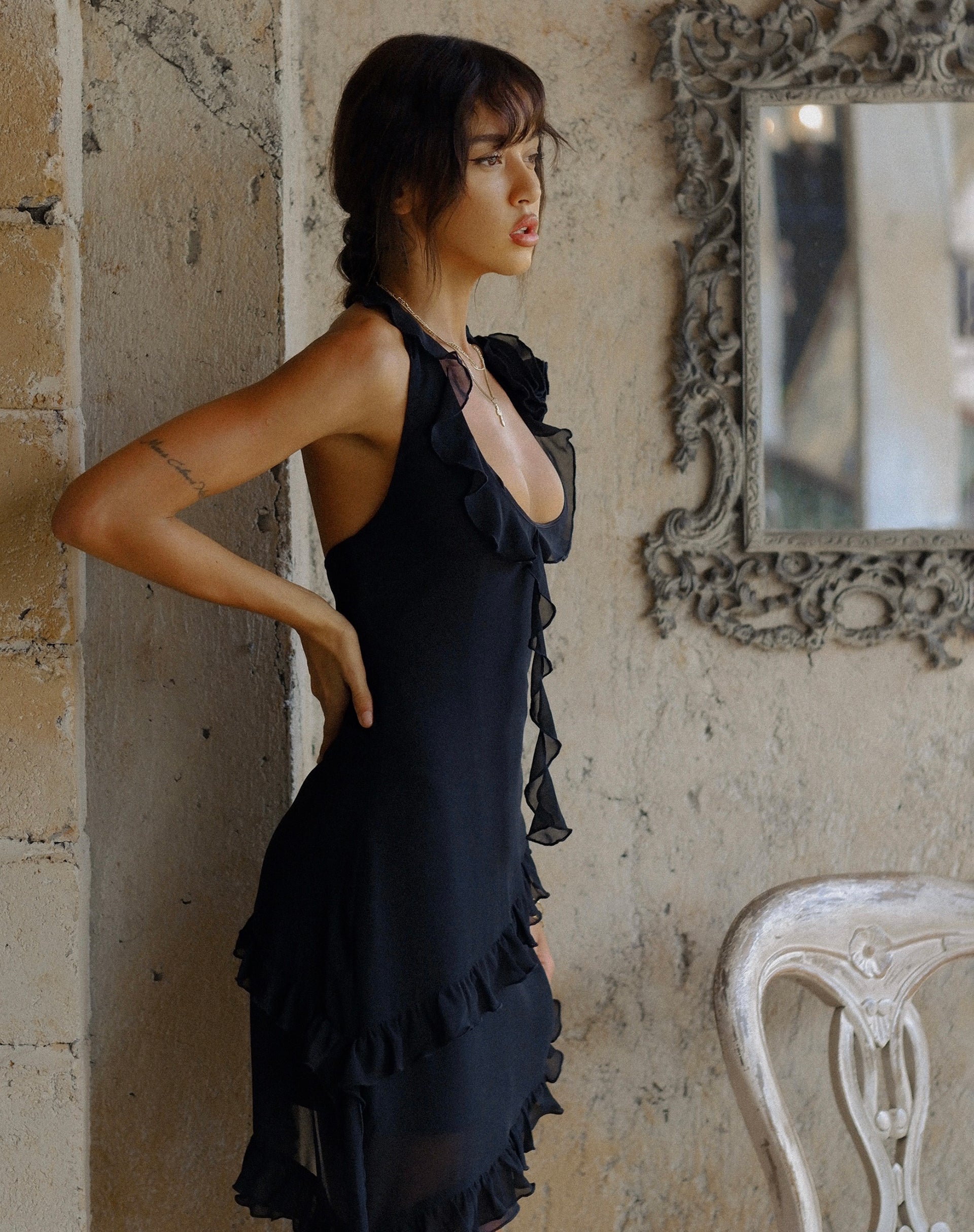 Imagen de Margaret Ruffle Mini Dress in Black Chiffon with Rosette