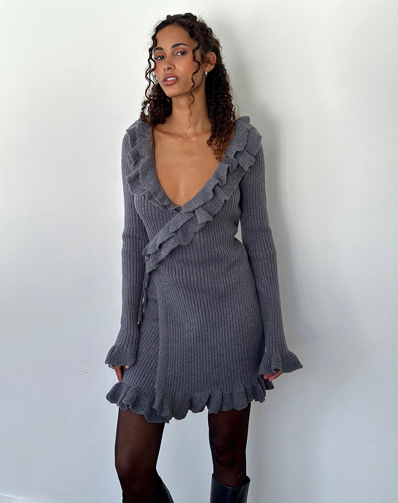 Mini Vestido de Punto de Manga Larga Marianna en Gris Oscuro