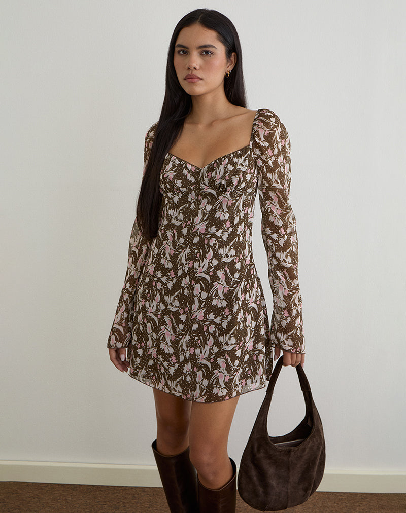Vestido Mariko de gasa marrón y rosa con flores de polca