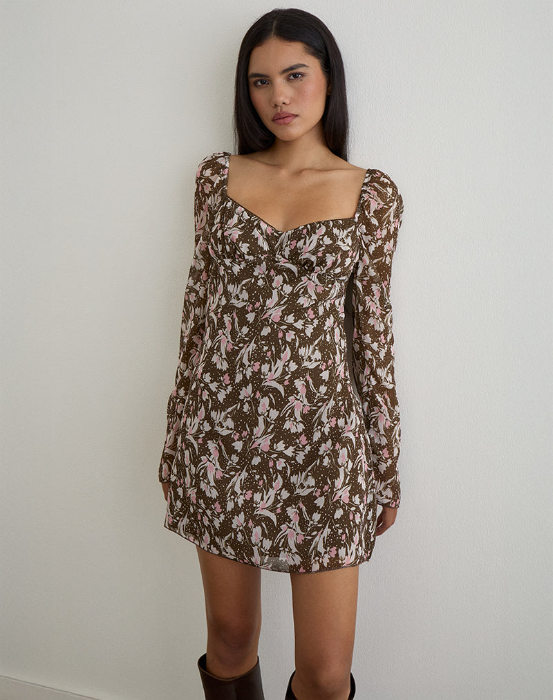 Imagen de Mariko Vestido de gasa marrón y rosa de flores de polca