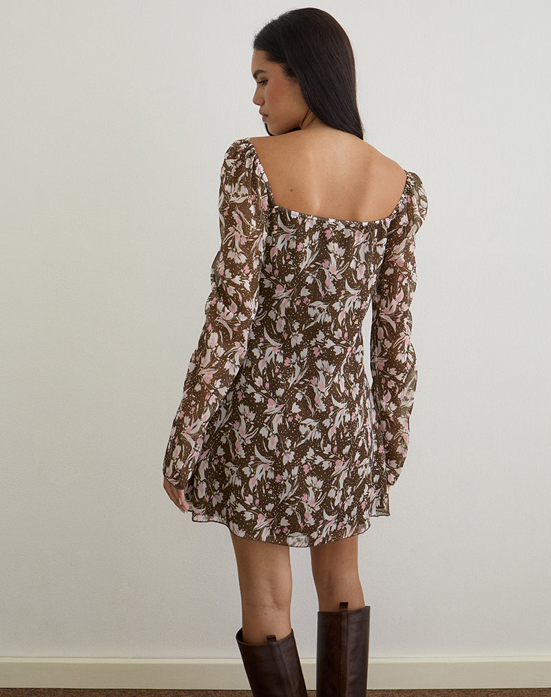 Imagen de Mariko Vestido de gasa marrón y rosa de flores de polca