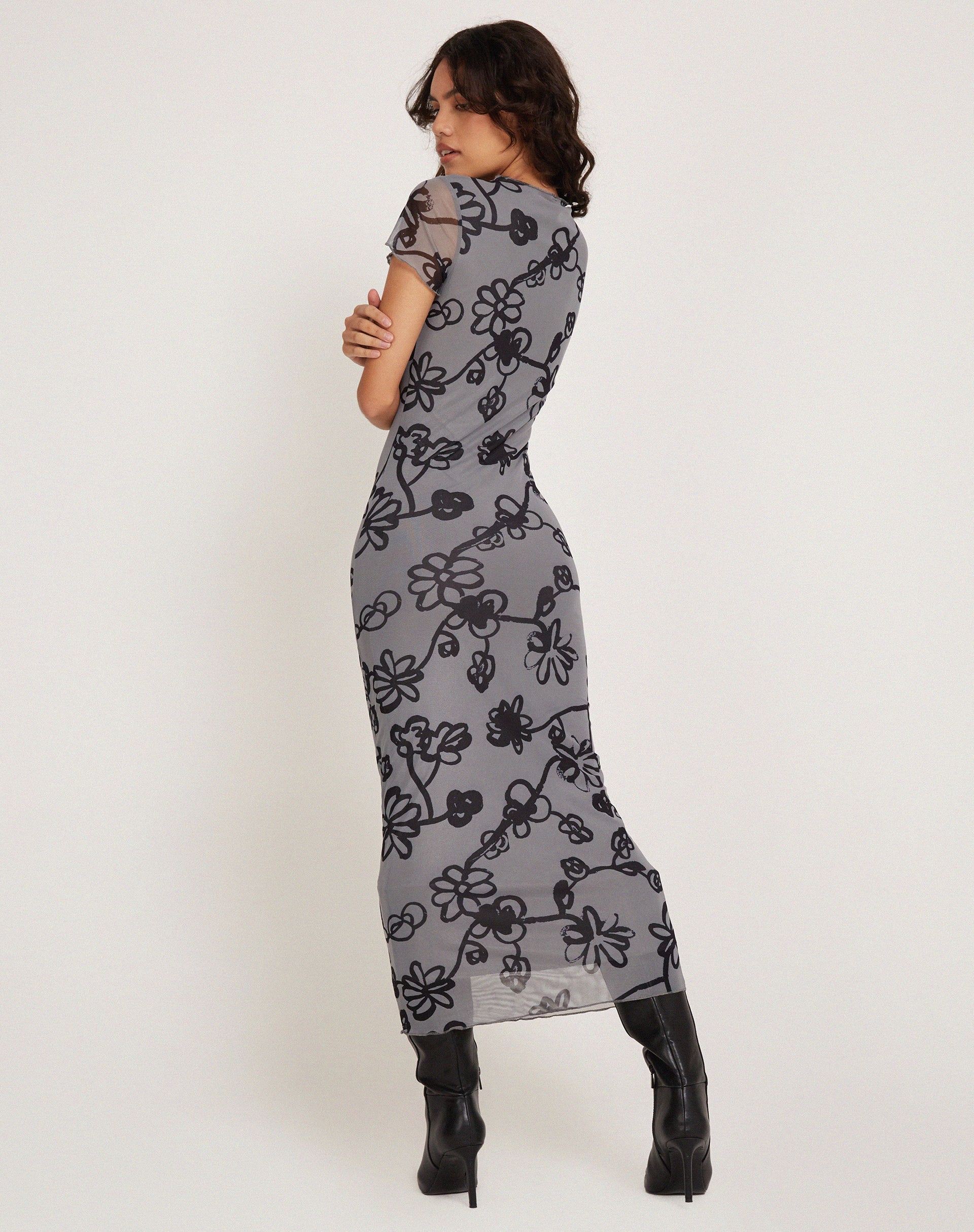 Imagen de Maruza Vestido Midi en Malla Flor de Garabato Gris